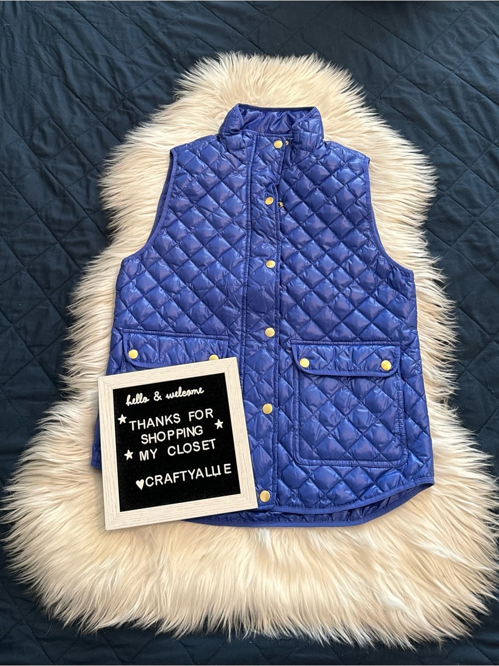 J. Crew Vibrant Blue Snap-Front Quilted Puffer Vest with Gold Hardware | Small - Picture 3 of 8